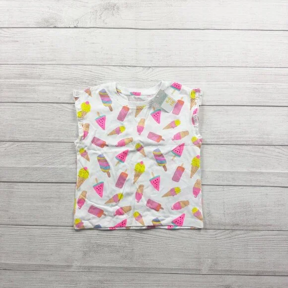 Primark Girls Tank Top White Ice Cream Watermelon Print Ruffle NWT 5-6 - Picture 1 of 4